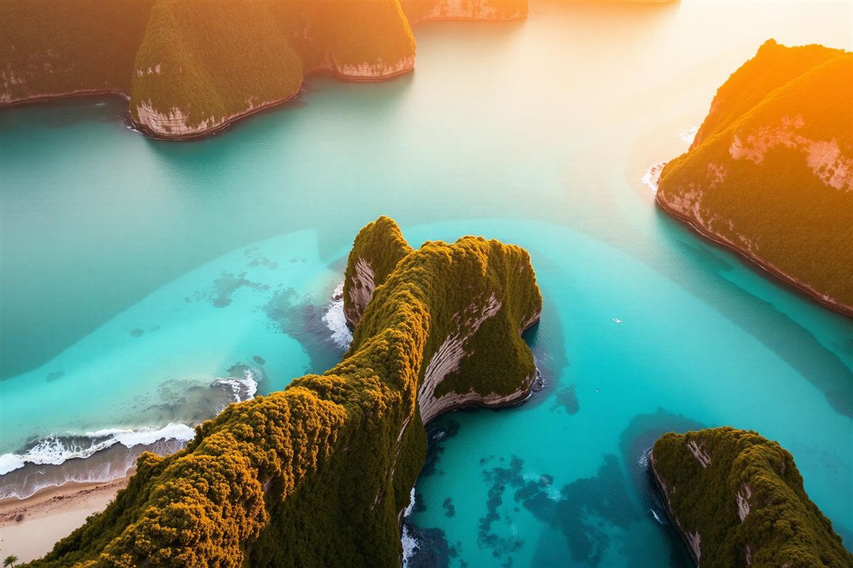 Aerial view of limestone islands over turquoise water at sunset